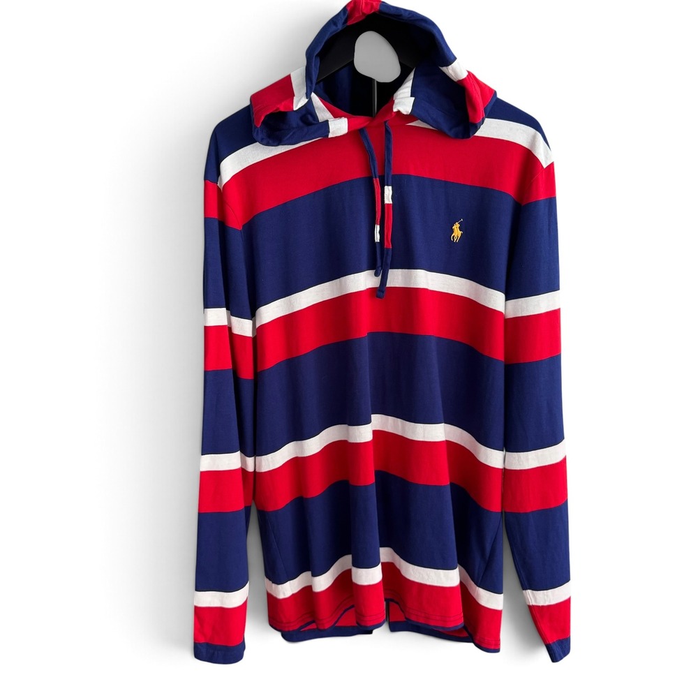 Polo Ralph Lauren Hoodie Men L Red Blue Rugby Striped Long Sleeve Pony